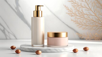 Elegant cosmetic products including a pump bottle and jar with gold accents displayed on a marble pedestal with decorative branches and copper spheres