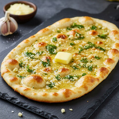 Delicious garlic naan bread with butter and herbs on a slate plate.