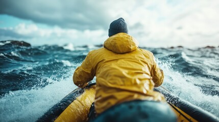 Fototapeta premium This dramatic image portrays a determined kayaker navigating through choppy waters, showcasing their spirit of adventure against the backdrop of ominous clouds and waves.