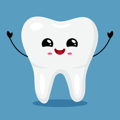 Smiling Kawaii Tooth Character on Blue Background