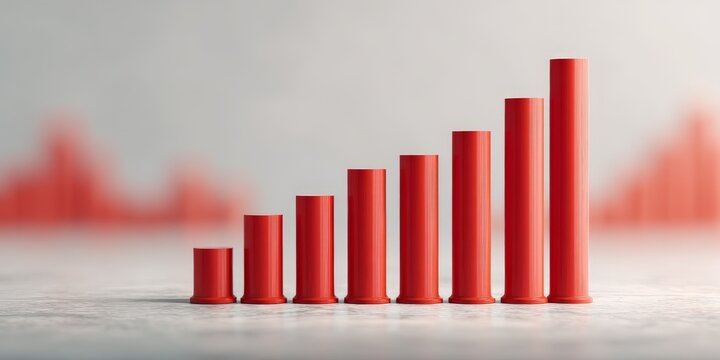 A red bar graph showing progressive growth with increasing cylindrical bars on a smooth surface and blurred background.