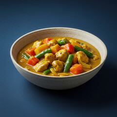 A flavorful bowl of chicken curry with fresh vegetables