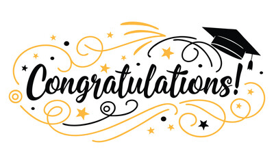 Obraz premium Celebrate graduation with a stylish black and gold congratulations text design featuring a graduation cap and festive swirling accents and stars