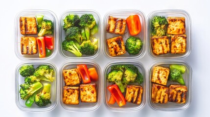 Healthy Meal Prep with Grilled Tofu, Broccoli, and Bell Peppers in Food Containers