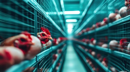 This image depicts chickens in cages, showcasing industrial poultry farming, emphasizing animal welfare concerns and modern agricultural practices today.