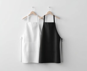 Two simple aprons, one white, one black, hang on light wooden hangers against a stark white wall.  Aprons have pockets and ties