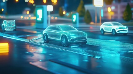 Fototapeta premium Innovative electric vehicle charging system on a futuristic city streetscape