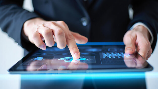 Businessman using futuristic tablet with brain scan data visualization - Powered by Adobe