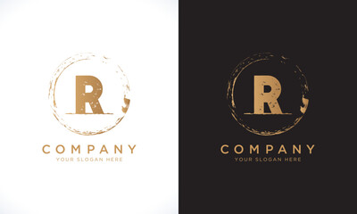 R Letter Logo With Grunge Round Shape. Modern Unique Creative R Logo Design Vector Template. Elegant Identity Design In  Gold Color.