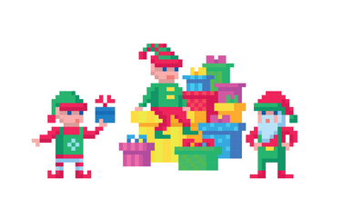 Pixel art 8-bit vector Christmas elves preparing gifts on white background festive holiday characters retro style winter pixel illustration