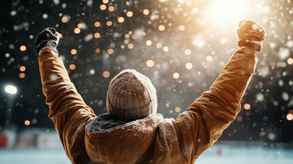 A joyful person embracing winter's beauty while raising their arms in triumph against a backdrop of snowflakes, representing the spirit of celebration and triumph over adversity.