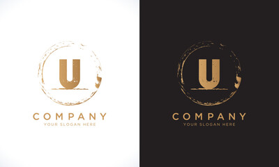 U Letter Logo With Grunge Round Shape. Modern Unique Creative U Logo Design Vector Template. Elegant Identity Design In  Gold Color.
