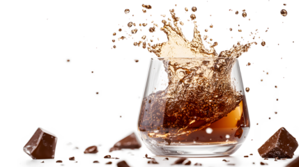 A glass of liquid with chocolate chips in it is splashing out of the glass