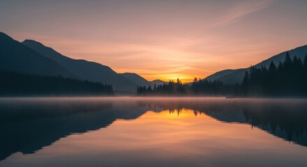 Fototapeta premium Serene Sunset over Mountain Lake and Forest Reflection