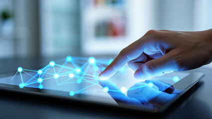 Hand interacting with digital network on tablet screen