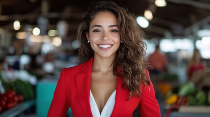 Obraz premium A portrait of a confident woman dressed in a vibrant red suit, showcasing her bright smile amidst a bustling market filled with colorful produce and atmosphere.