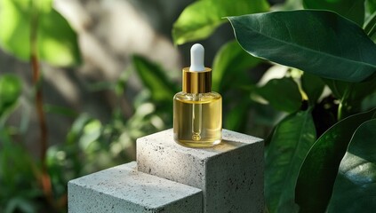 Gold dropper bottle on stone podium amidst lush greenery. 