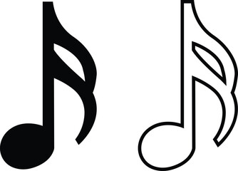 Music notes icons set in flat, outline designs. Musical key signs. Song, melody or tune vectors illustration for musical apps and websites. Ideal for music content, logos, albums and sound production.
