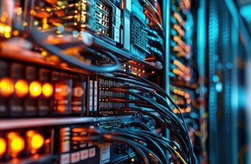 Close-up server rack, dense with cables and hardware.  Brightly lit components