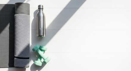 Fitness Equipment Still Life: Yoga Mat, Dumbbells, and Water Bottle
