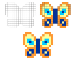 Pixel art butterfly in colorful and outline versions, cute 8-bit style.