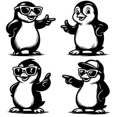 Cute cartoon penguin illustration with black and white feathers in winter snowy scene celebrating Christmas and love