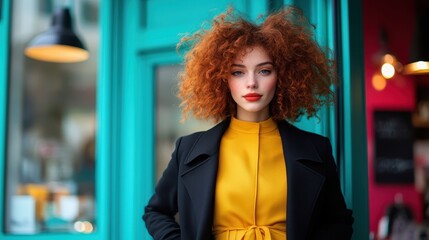 A striking redhead woman poses confidently in a stylish urban environment, showcasing her fashion sense with a distinct hairstyle and outfit against a vibrant backdrop.