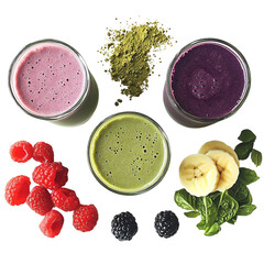 Aerial view of various smoothies in glasses with ingredients on a black background arranged nicely on transparent background