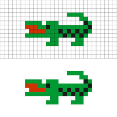 Pixel art crocodile in green with grid and clean version, retro 8-bit style.