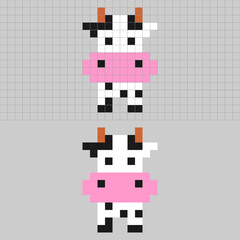 Pixel art cow in cute 8-bit style, with grid and plain background versions.