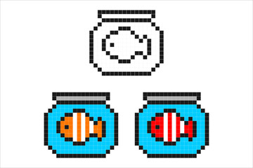 Pixel art fish in bowls. Includes colorful and outline versions in retro 8-bit style.