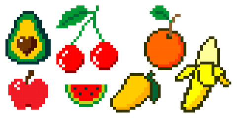 Set of pixel art fruits in retro 8-bit style. Great for games, apps, and digital artwork.

