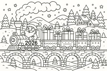 Fototapeta premium Santa Claus is driving a train loaded with Christmas gifts over a bridge in a snowy landscape with the number 2026 printed on the locomotive