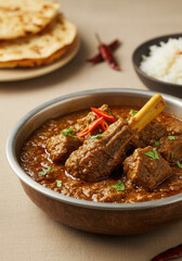 Delicious lamb curry served with naan and rice.