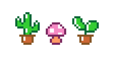 Cute pixel art of potted plants and a mushroom. Includes a cactus, a pink mushroom, and a leafy plant in small brown pots. Retro 8-bit style on a white background.