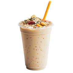 A close up shot of a smoothie in a plastic cup with a straw and toppings on a black background on transparent background