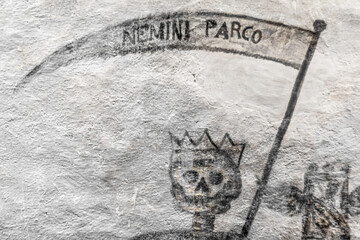 Crypt of the Holy Sepulchre church in Cagliari (Sardinia, Italy): fresco depicting Death with Latin words Nemini parco (I spare no one) in the