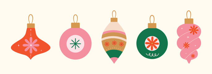 Christmas baubles set with trendy geometric ornament. Hand drawn color Xmas balls in flat, minimal style. Merry Christmas background for gift, decorations, poster, greeting card. Isolated vector illus