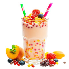 A glass of bubble tea with colorful tapioca pearls and a variety of fresh fruits around the glass on transparent background