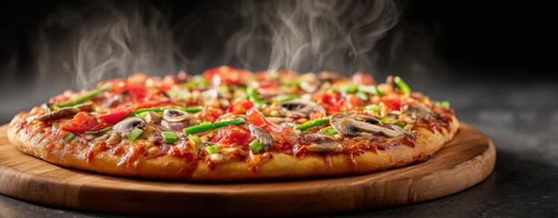 The steaming pizza topped with vegetables and cheese on a wooden board