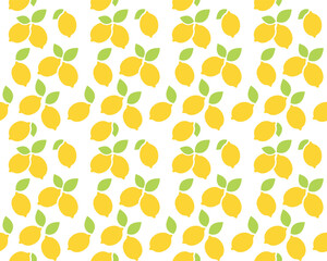 yellow lemon with green leaves seamless pattern on white background 
