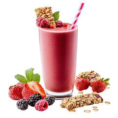 A vibrant berry smoothie in a glass with a straw and granola bars and fresh berries around it on transparent background