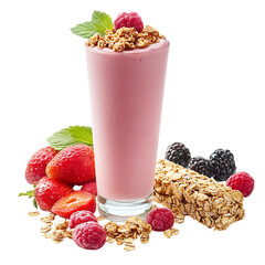A pink smoothie with granola and a raspberry on top surrounded by assorted berries and granola bars on transparent background
