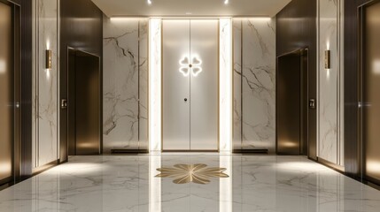 Modern Elevator doors of office or hotel hallway, Lobby interior, corridor in house with lift,four clover pattern,Black elegant lift for passenger or cargo elevators,st patrick 's day,copy space.