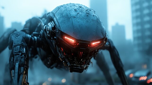 A striking close-up of a futuristic robotic spider showcasing an aggressive design, illuminated by red lights amidst a cityscape, blending technology and artistry with dark essence.