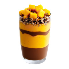 A glass filled with layers of chocolate pudding mango smoothie granola and mango chunks on top on black on transparent background