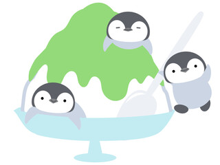 大きなかき氷に乗るペンギン達　メロン味　シンプル　かわいい 動物とデザート 　ベクターイラスト