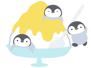 大きなかき氷に乗るペンギン達　レモン味　シンプル　かわいい 動物とデザート 　ベクターイラスト
