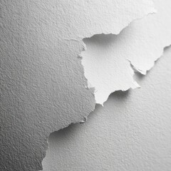 Fototapeta premium Close-up of torn, textured, off-white paper revealing layered depth and irregular edges under soft lighting