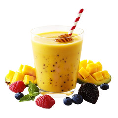 A glass of yellow smoothie with a straw surrounded by mango raspberries and blueberries on black background on transparent background